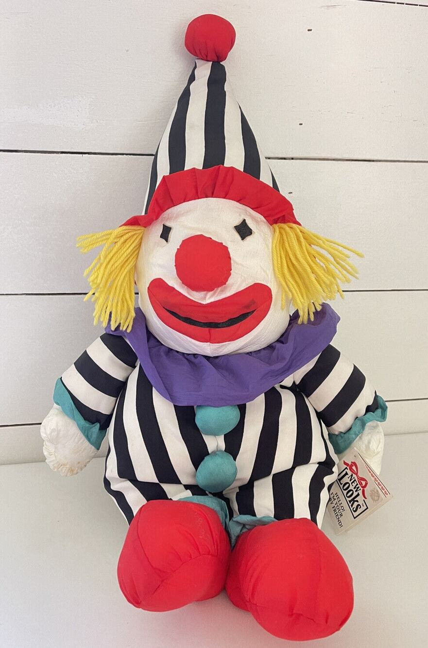 1985 Clown Soft Nylon Black & White Striped 28" Plush Toy by New Looks With Tags